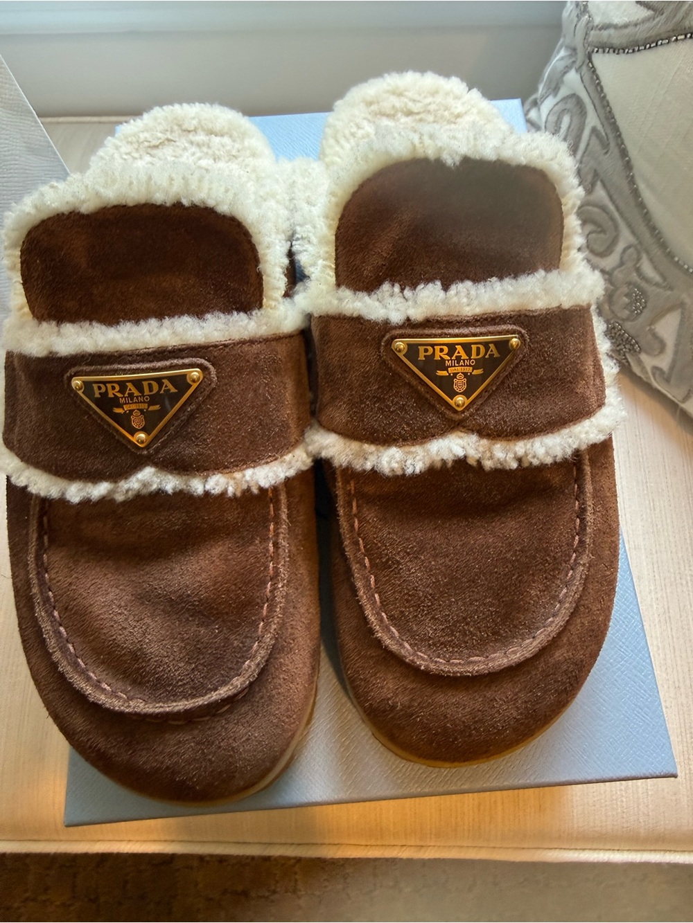 Prada Brown Suede Slip-On Shearling-Trim Slippers with Gold Logo